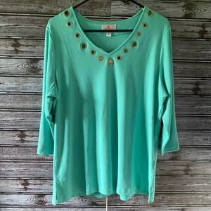 Quacker Factory Women's Top Size L Green/Aqua Circular Cutout Hardware NWT